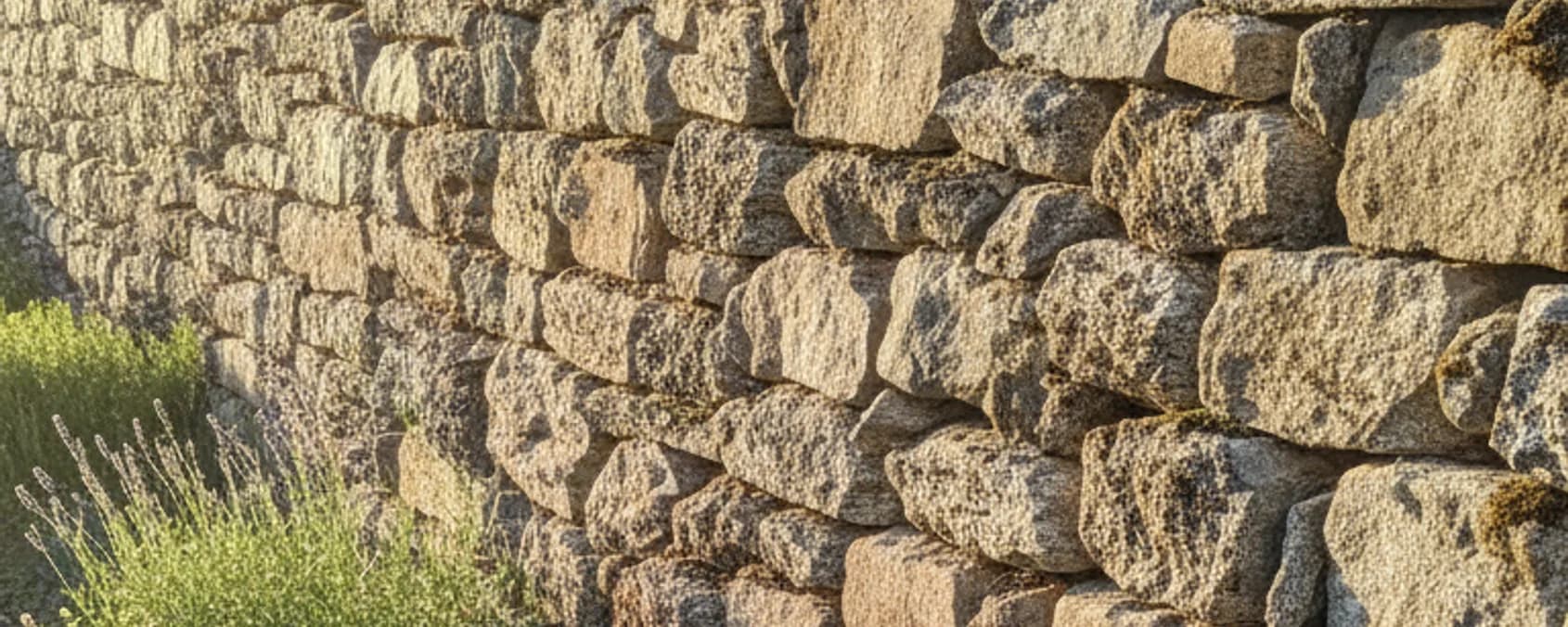 Kräuterbeet mit Rosmarin, Thymian und Lavendel an einer Natursteinmauer
